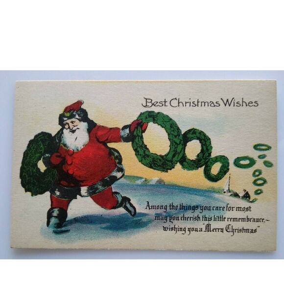 Santa Claus Throws Xmas Wreathes Christmas Postcard Metropolitan News Unused 350 - Picture 1 of 4